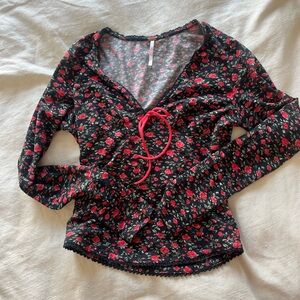 Free People Black and Red Floral Long Sleeve Top